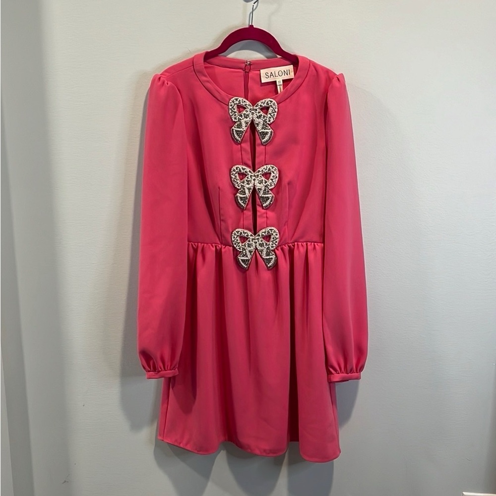 Saloni Camille embellished bow dress in bubblegum pink UK6/US2 - Picture 2 of 4